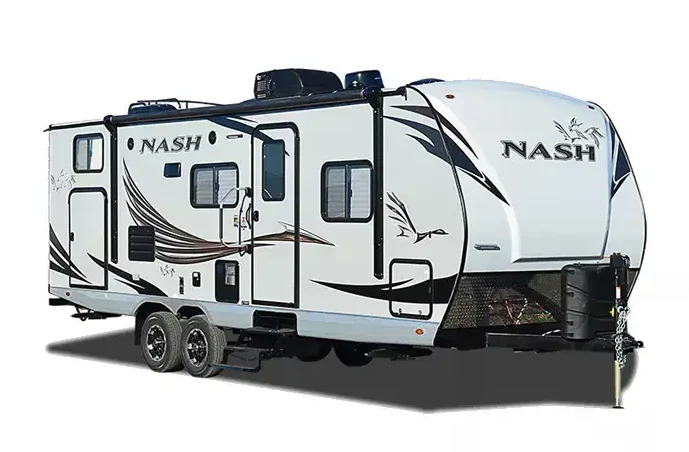 A product image of a white travel trailer with black and brown graphics by Northwood RV is our best value pick.