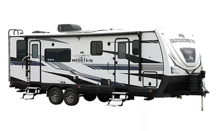 A white Outdoors RV travel trailer product image with black and grey graphics is the best rig for boondocking.