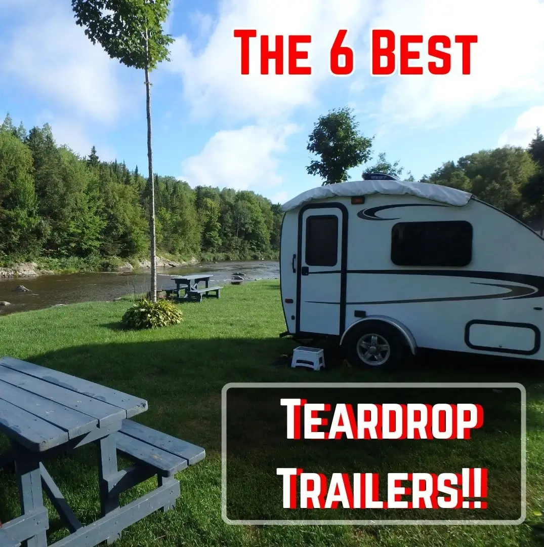 The featured image for RV Properly's article titled "The Best Teardrop Trailers", showing a camper parked along a riverbed.