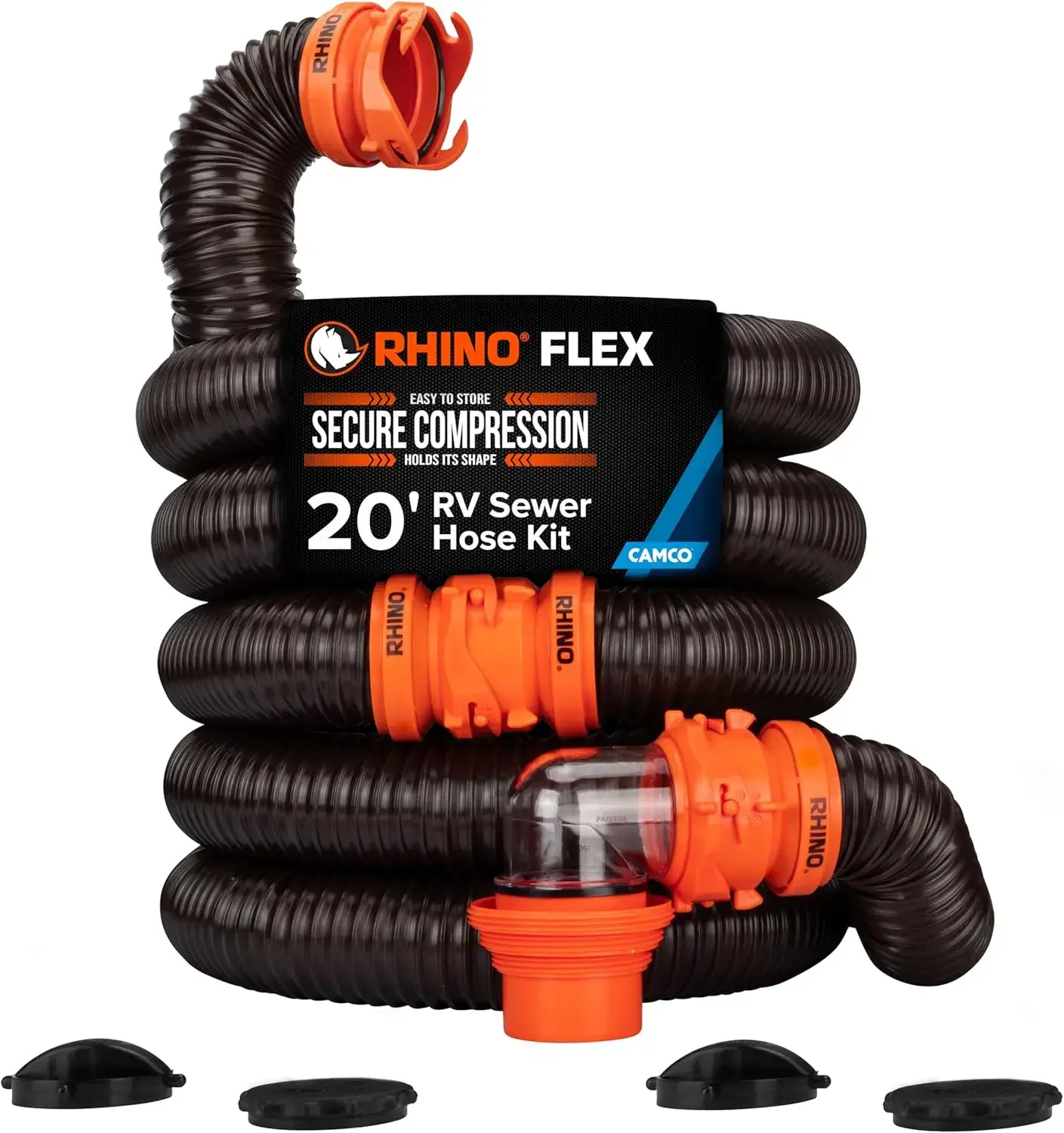 A product image of our Editor’s Choice for RV sewer hoses: the Camco RhinoFLEX.